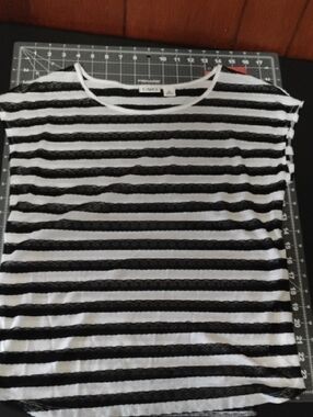 Cato Black & White Striped Lace & Knit Tee
